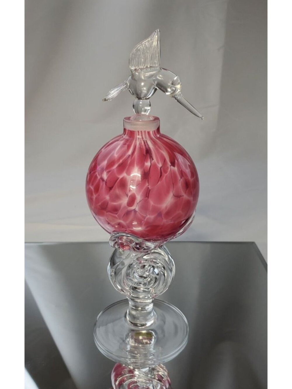Vintage Perfume Bottle Marbled Pink Hand Blown Glass with Hummingbird Stopper